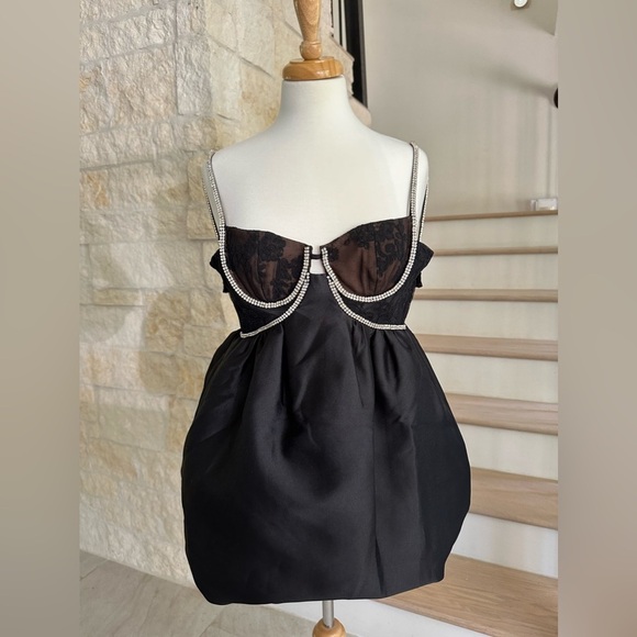 SELF PORTRAIT Black Taffetta Diamante Mini Dress - Picture 9 of 12